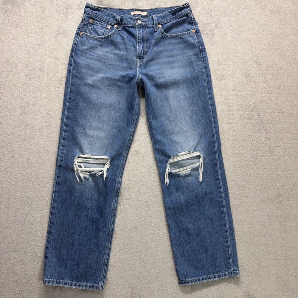 Levis Jeans Womens 31 Blue Low Pro Straight Relaxed Medium Wash Destroyed‎ Denim